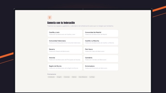 La pantalla de VestuarIO para conectar el club con la federación, con la lista de federaciones autonómicas para elegir.